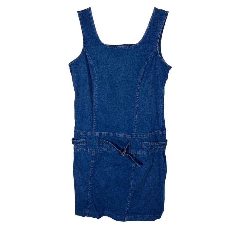Vintage Forenza Blue Denim Mini Dress Sleeveless Belted Stretch Size 12 90s Y2K